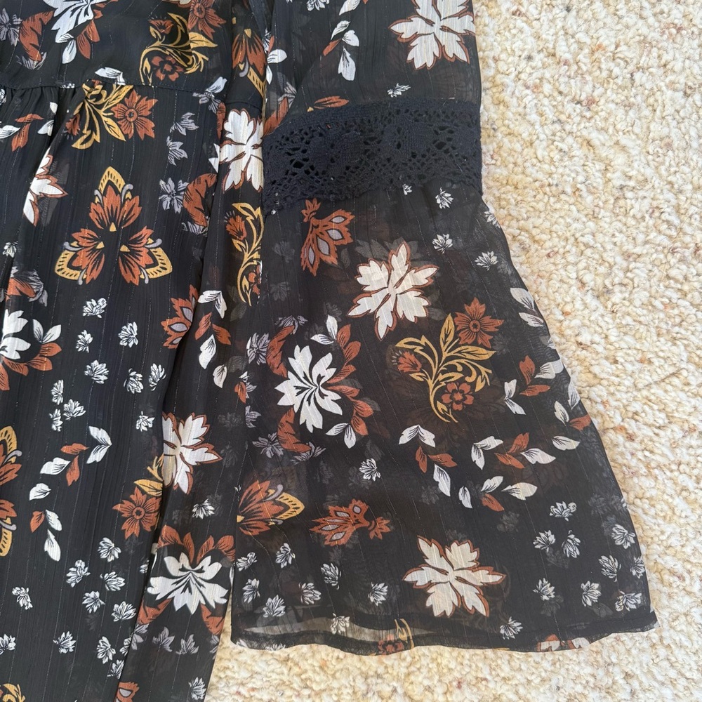 Knox Rose Black Floral Boho Tunic Dress Bell Sleeve Semi Sheer V Neck XS Boho - Picture 5 of 9